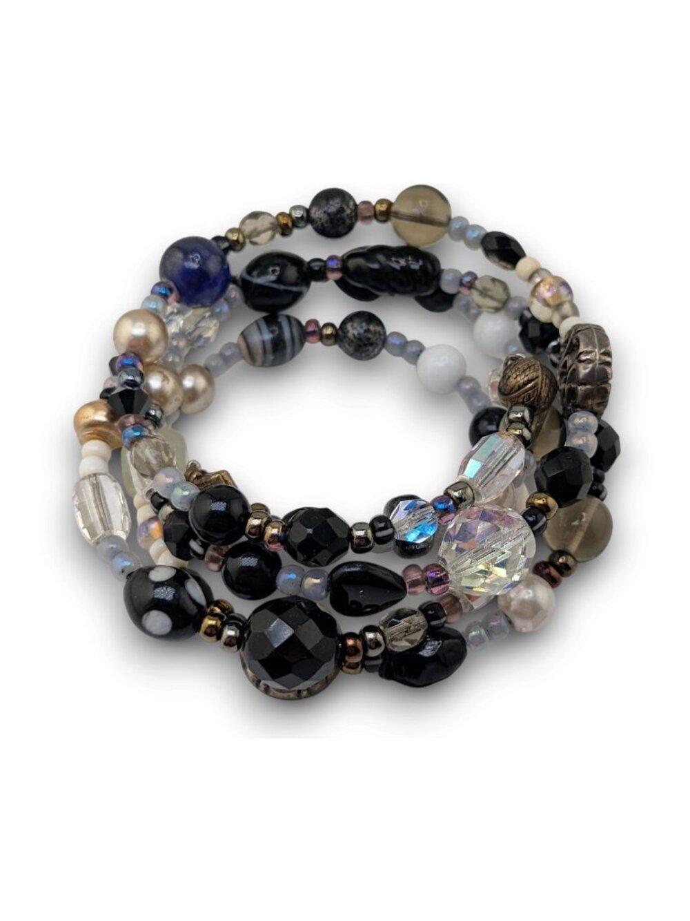 Whimsigoth Boho Black Glass Faux Pearl Memory Wire Wrap Bracelet 8 Inch